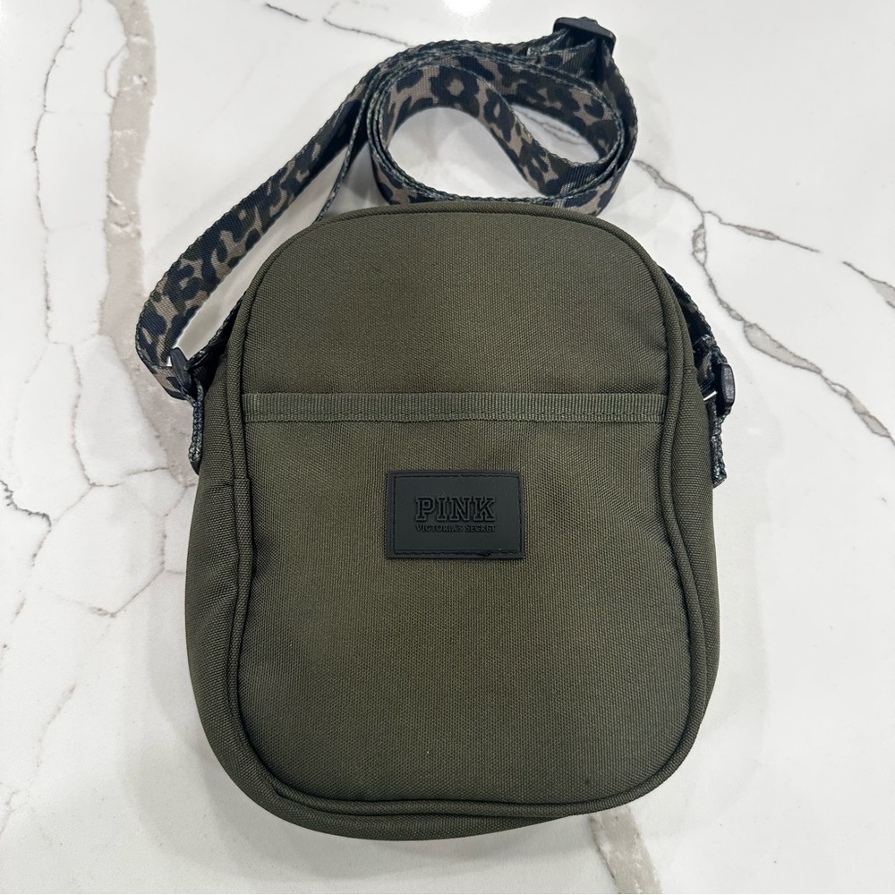 Victoriaโs Secret PINK Olive Green Crossbody Bag Leopard Strap